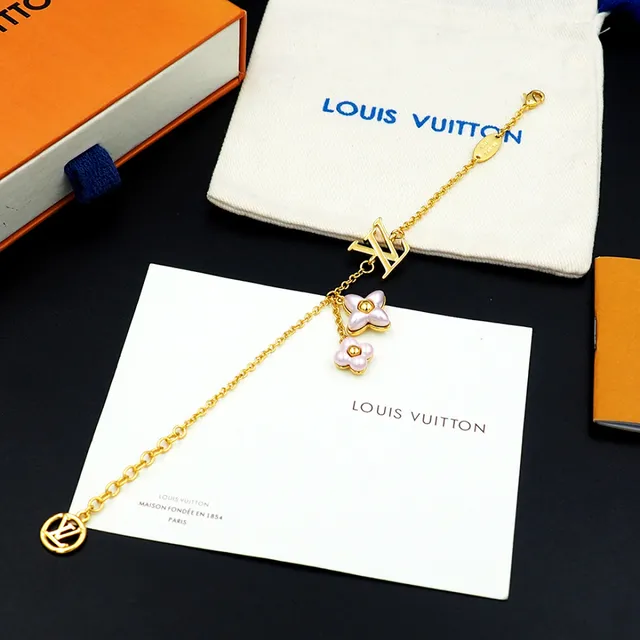 Louis Vuitton Gold Pink Curb Chain LV Monogram Pendant Bracelet 10