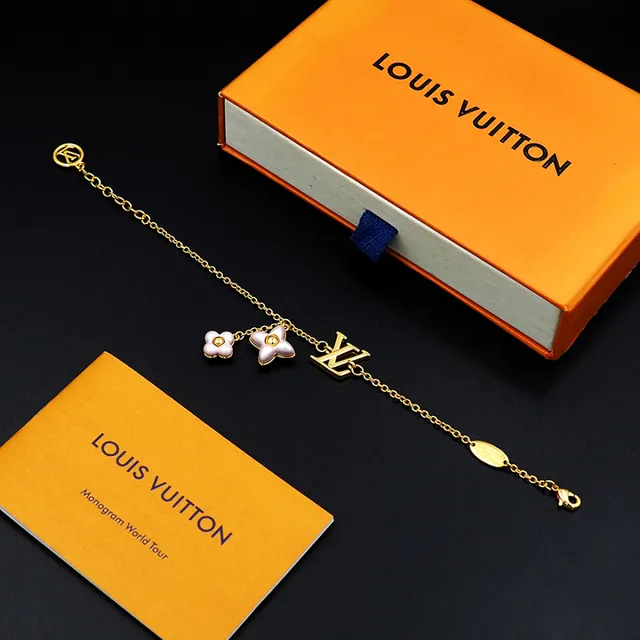 Louis Vuitton Gold Pink Curb Chain LV Monogram Pendant Bracelet 11