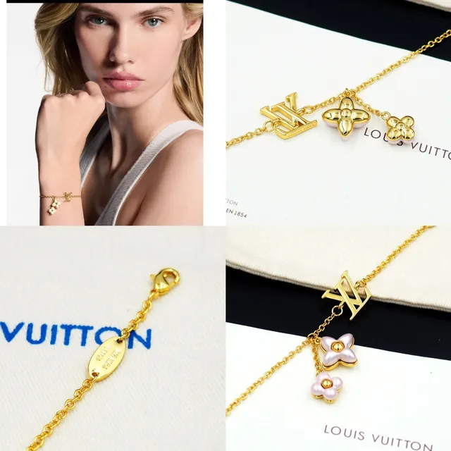 Louis Vuitton Gold Pink Curb Chain LV Monogram Pendant Bracelet 12