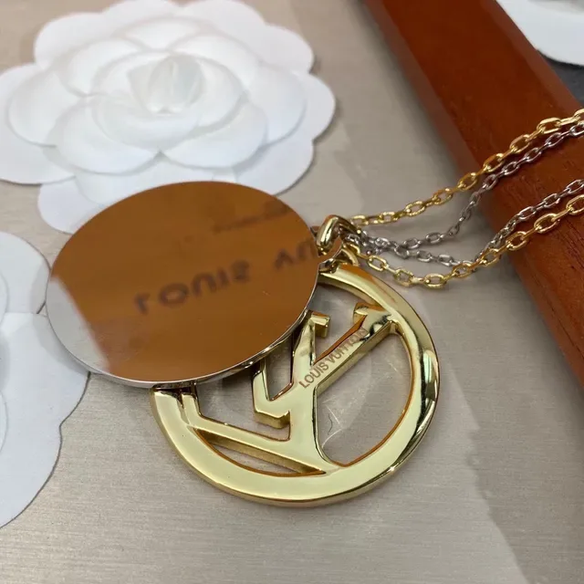 Louis Vuitton Gold Silver Circular Pendant Interlocking LV Monogram Necklace 4