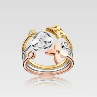 Louis Vuitton Gold Silver Multi-Band Floral Motif Ring