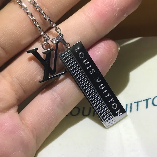 Louis Vuitton Gold Silver Rectangular Bar Pendant Engraved Branding Necklace 2