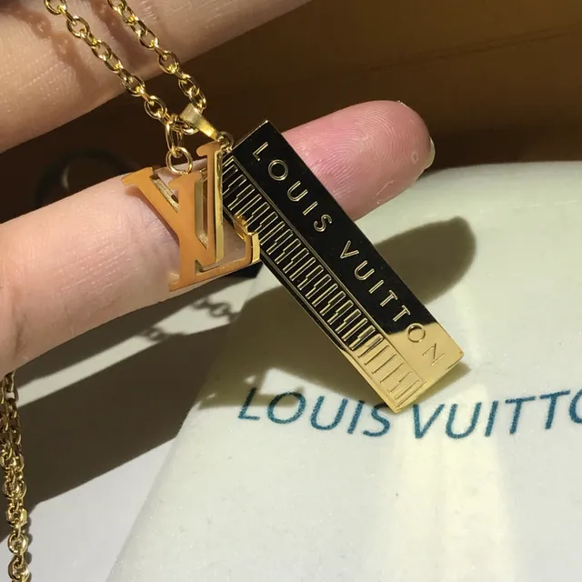 Louis Vuitton Gold Silver Rectangular Bar Pendant Engraved Branding Necklace 3