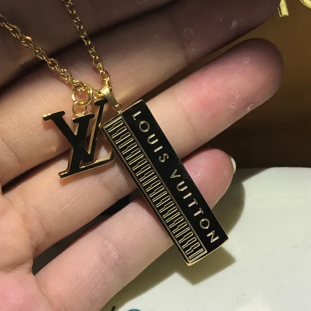 Louis Vuitton Gold Silver Rectangular Bar Pendant Engraved Branding Necklace 4