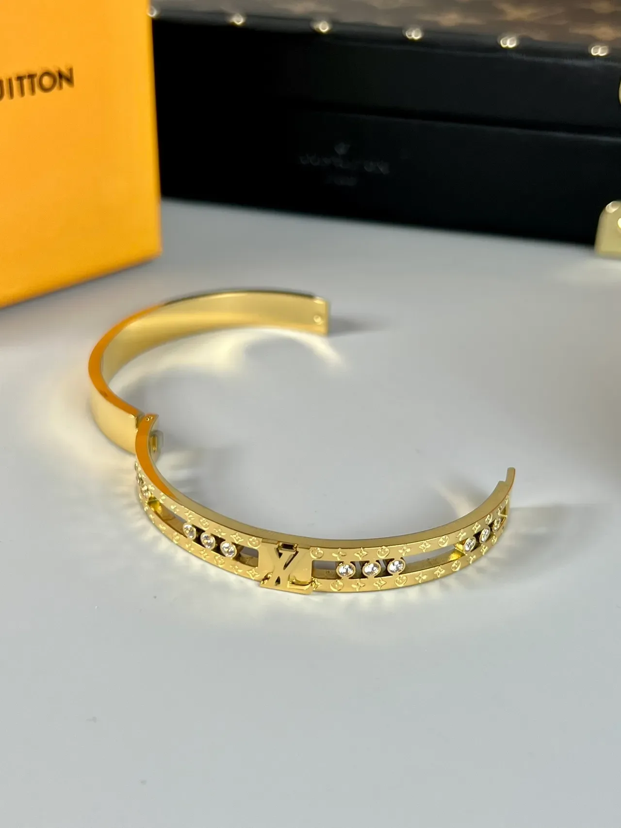 Louis Vuitton Gold Silver Rigid Bangle Crystal-Embellished Bracelet 4