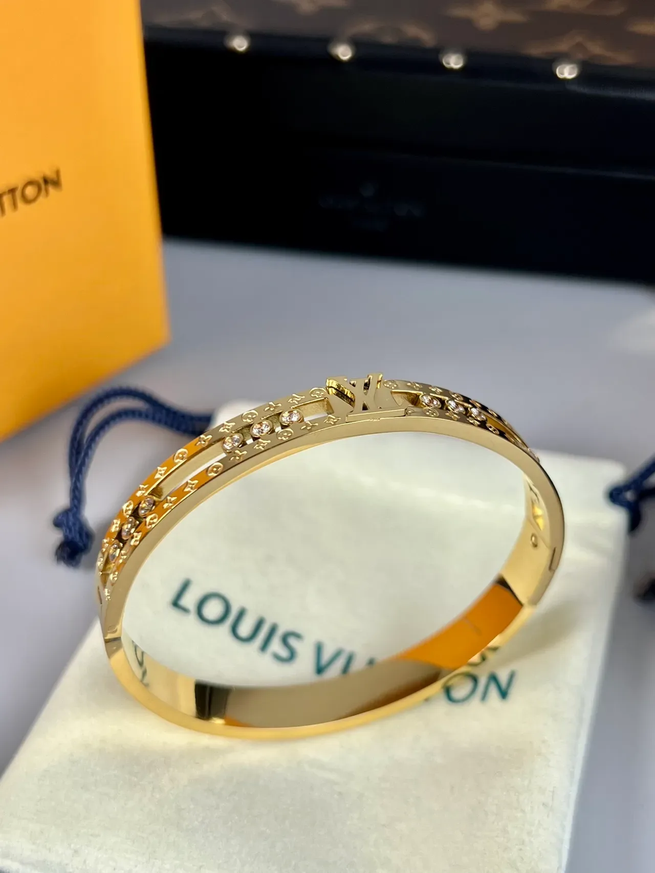 Louis Vuitton Gold Silver Rigid Bangle Crystal-Embellished Bracelet 6