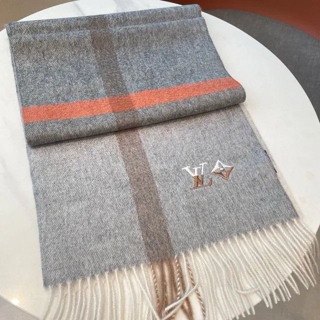 Louis Vuitton Gris Beige Color-Blocked Rayé Bordé Monogramme Cachemire Écharpe 6