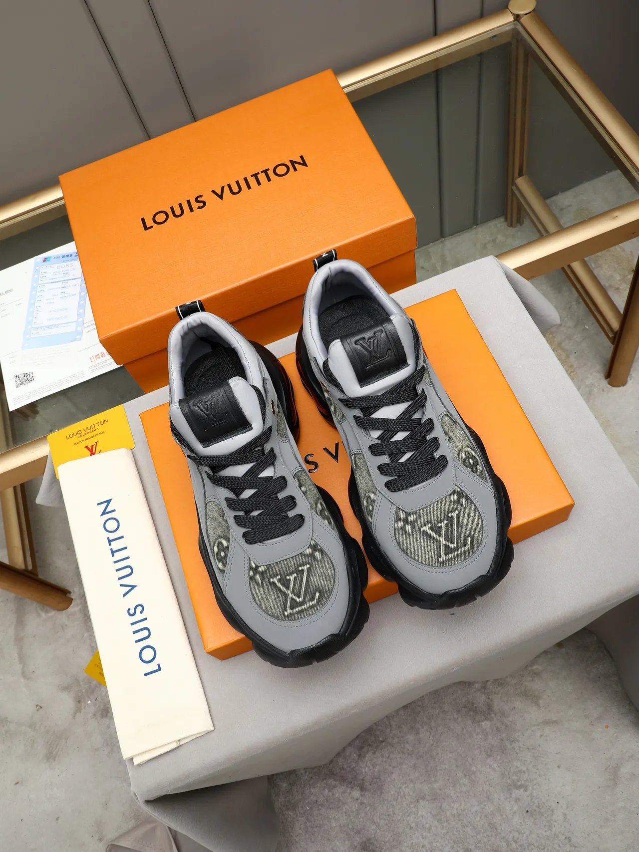 Louis Vuitton Gray Black Sculpted Sole Camo-Print Mesh Panels Chunky Sneakers 2