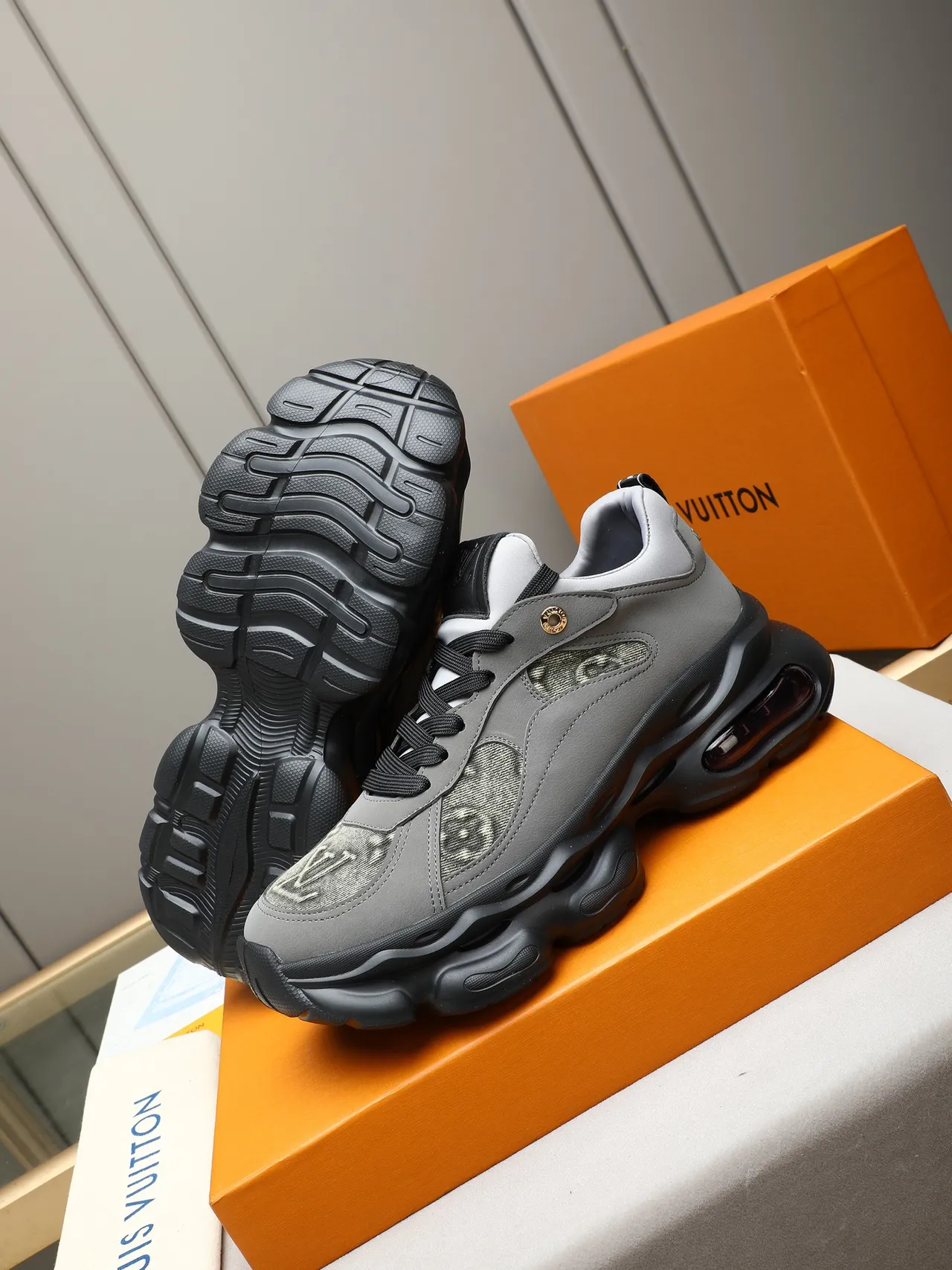 Louis Vuitton Gray Black Sculpted Sole Camo-Print Mesh Panels Chunky Sneakers 4