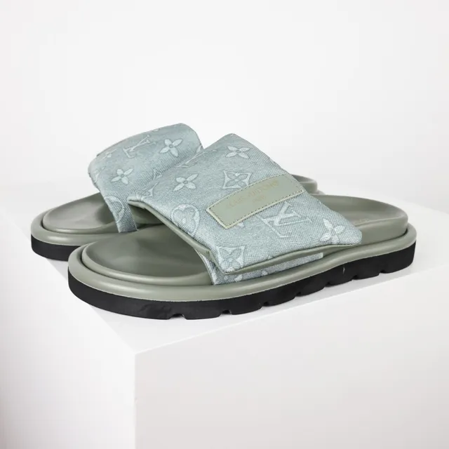 Louis Vuitton Green Black Monogrammed Canvas Strap Platform Sole Slippers 2
