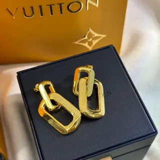 Louis Vuitton Link Gold Interlocking Rectangular Links Engraved Monogram Earrings