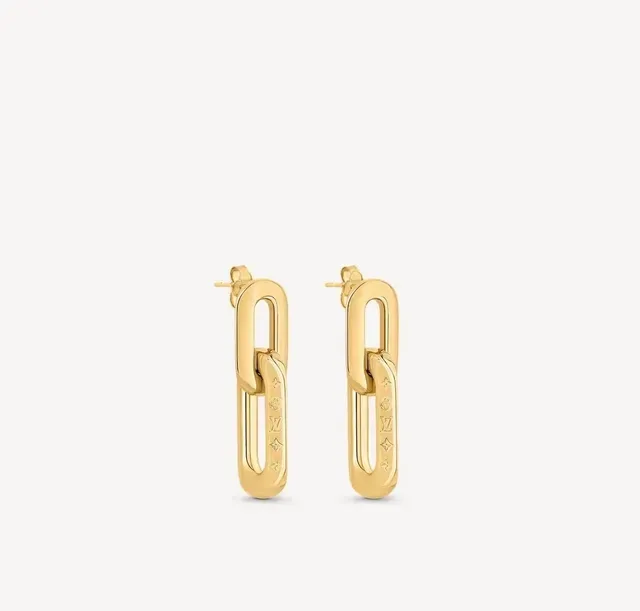Louis Vuitton Link Gold Interlocking Rectangular Links Engraved Monogram Earrings 6
