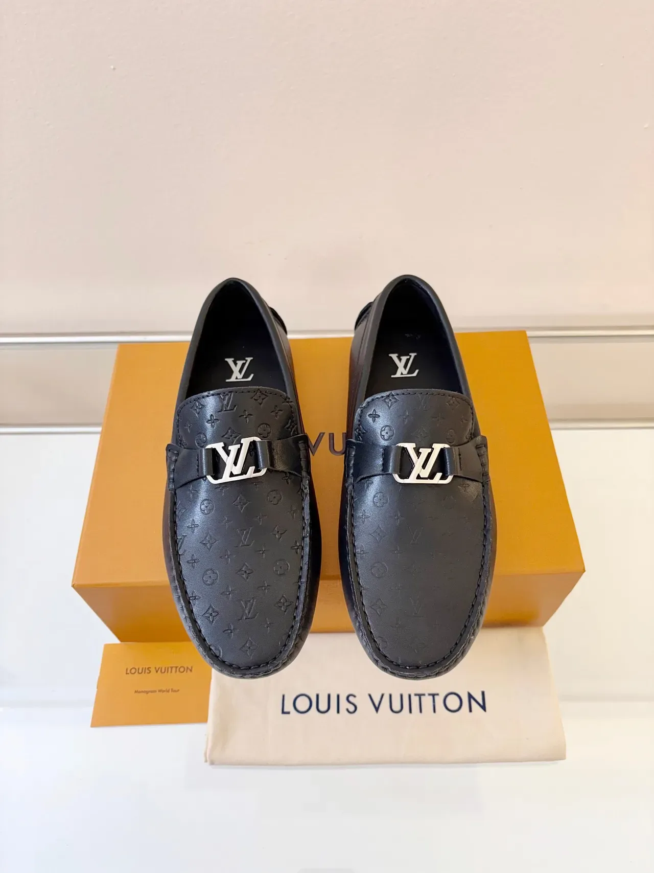 Louis Vuitton Loafer Black Gold Monogram-Embossed Leather Metal LV Buckle Strap Loafer 6