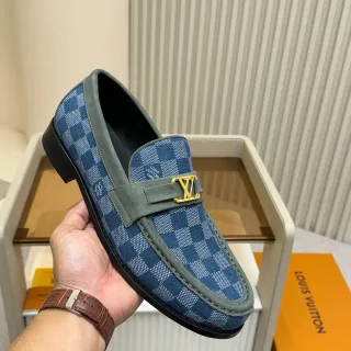 Louis Vuitton 乐福鞋 蓝色 Damier Azur 帆布 橄榄麂皮装饰 乐福鞋