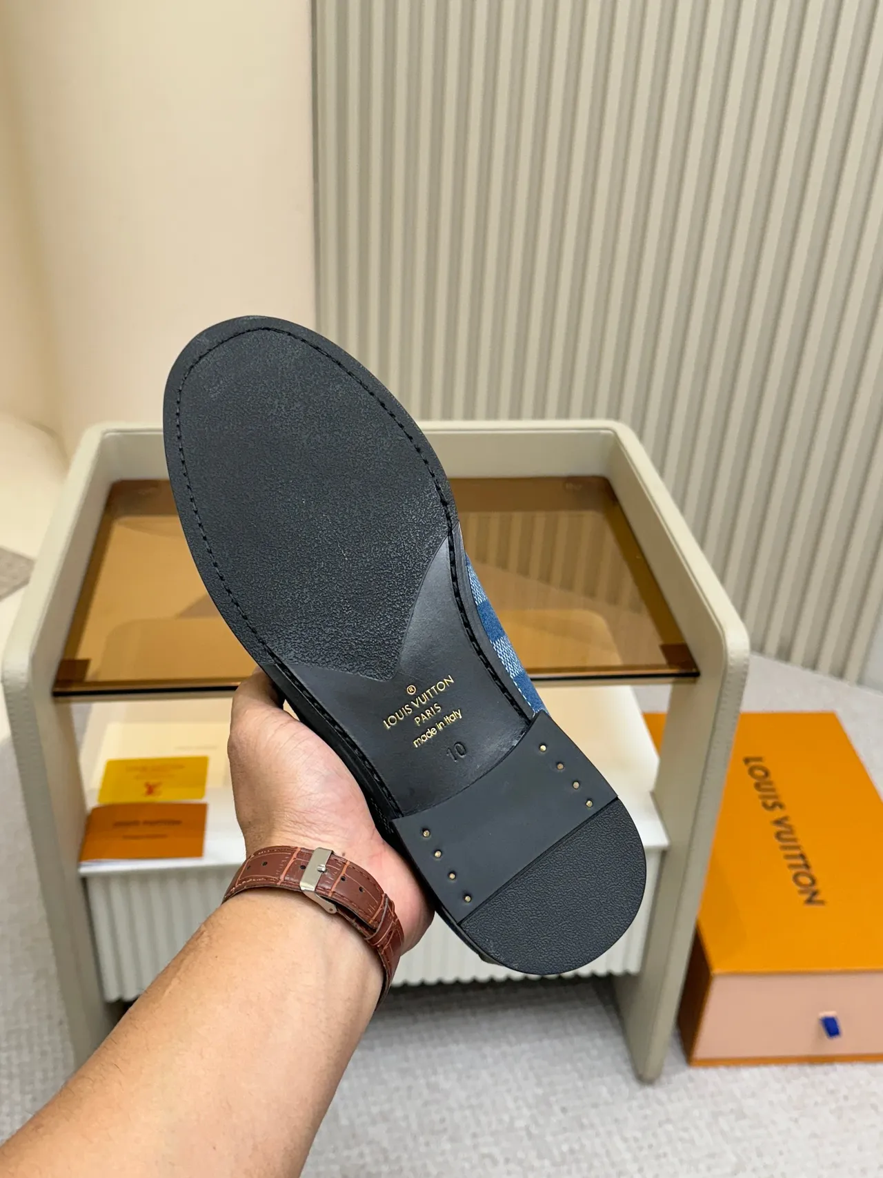 Louis Vuitton Loafer Blue Damier Azur Canvas Olive Suede Trim Loafer 2