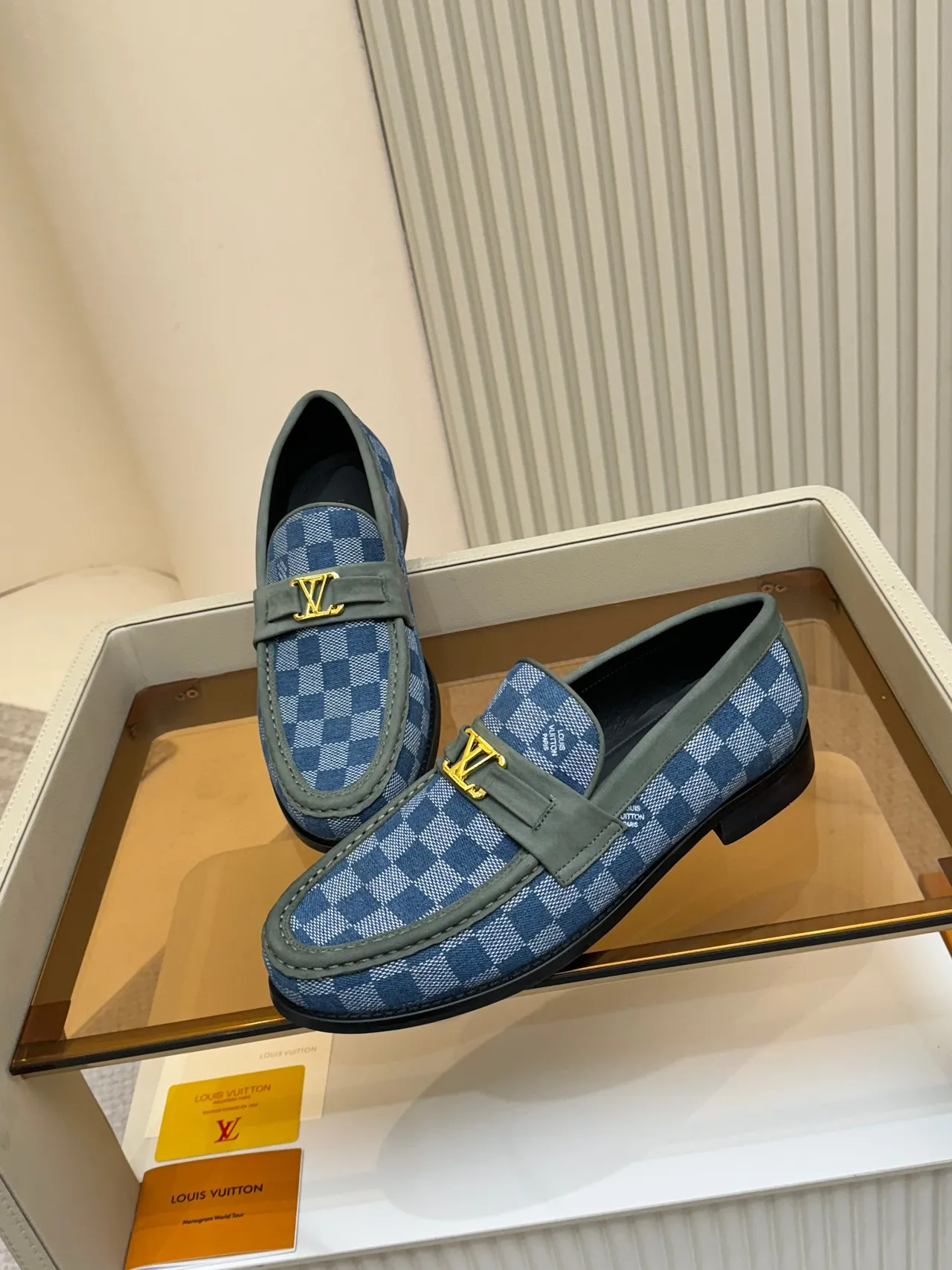 Louis Vuitton Loafer Blue Damier Azur Canvas Olive Suede Trim Loafer 4