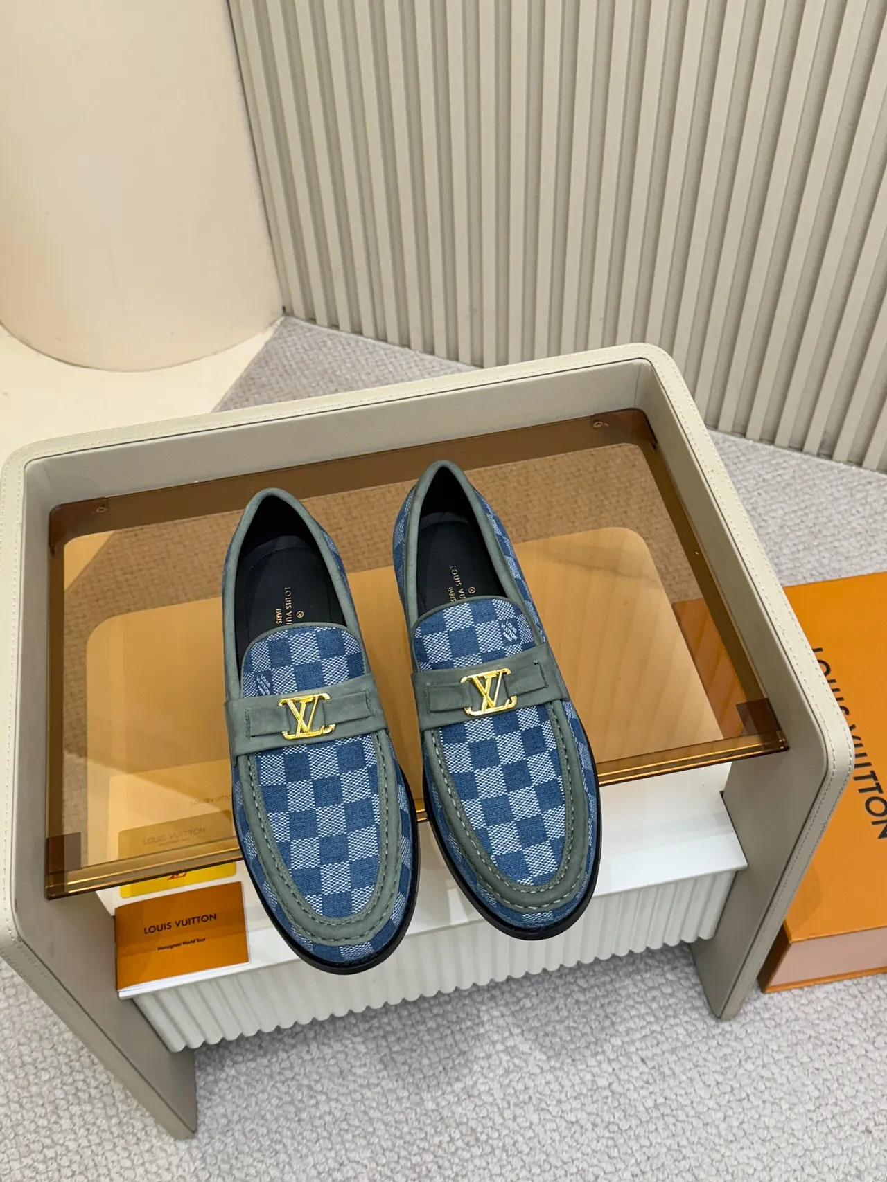 Louis Vuitton Loafer Blue Damier Azur Canvas Olive Suede Trim Loafer 5