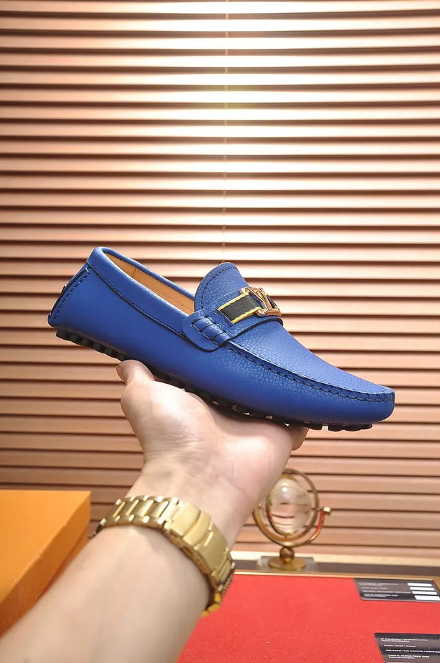 Louis Vuitton Loafer Blue Gold Pebbled Leather Metal LV Twist-Lock Buckle Loafer 5