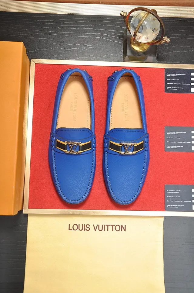 Louis Vuitton Loafer Blue Gold Pebbled Leather Metal LV Twist-Lock Buckle Loafer 7
