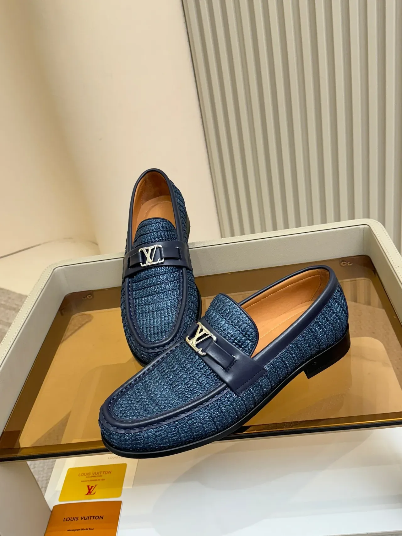 Louis Vuitton Loafer Navy Black Woven Raffia Upper Leather Trim Loafer 4