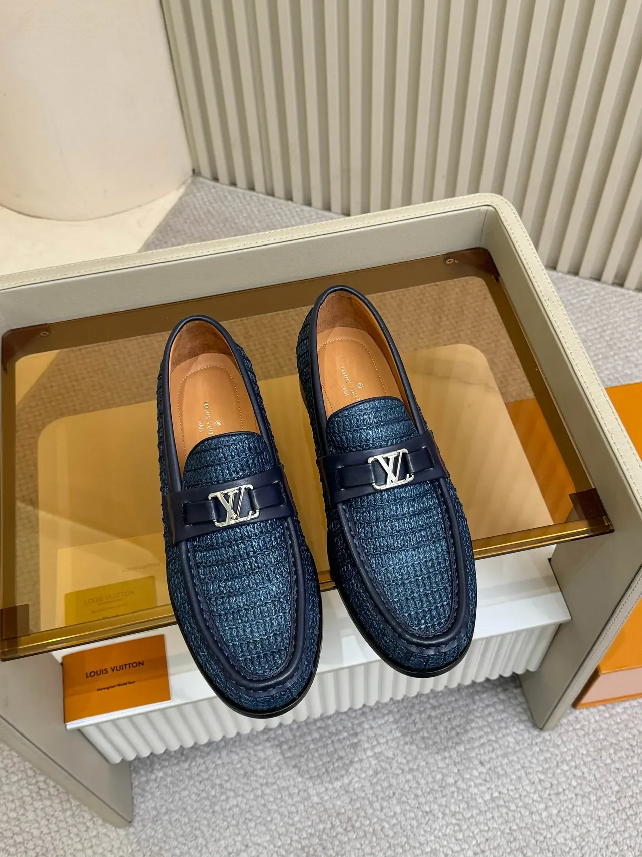 Louis Vuitton Loafer Navy Black Woven Raffia Upper Leather Trim Loafer 5