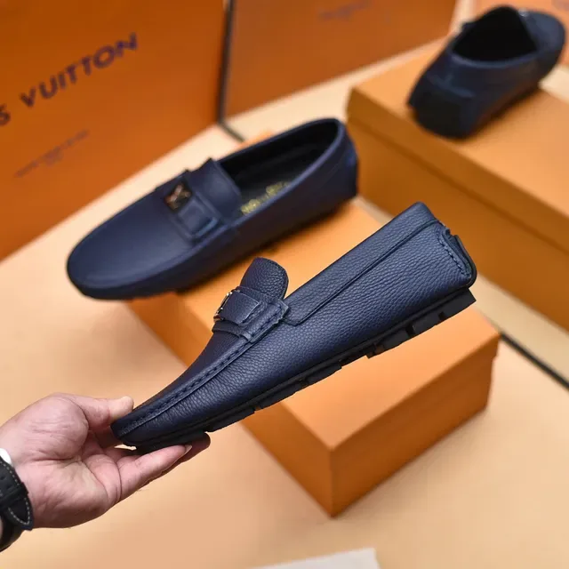 Louis Vuitton Loafer Navy Blue Pebbled Leather Slip-On Loafers 7