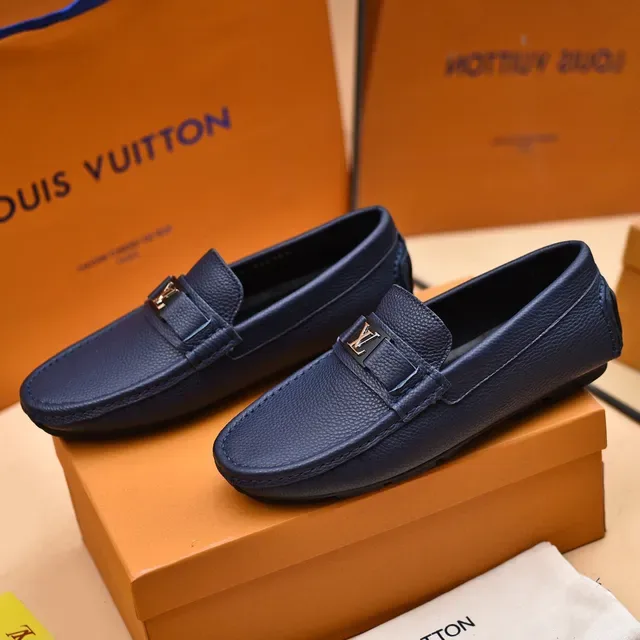 Louis Vuitton Loafer Navy Blue Pebbled Leather Slip-On Loafers 8