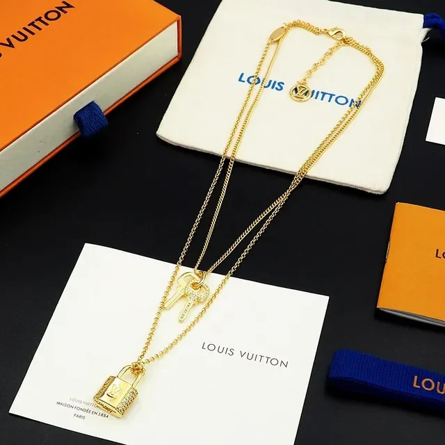 Louis Vuitton Lock & Key Gold-Tone Padlock and Key Necklace 10