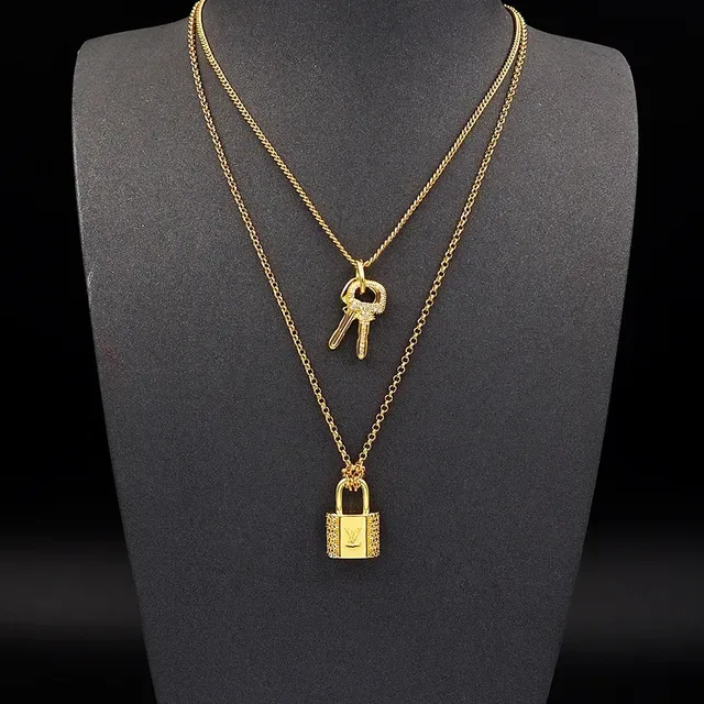 Louis Vuitton Lock & Key Gold-Tone Padlock and Key Necklace 11