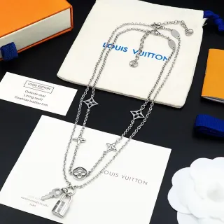 Louis Vuitton Lockit Silver Blue Multi-Chain Quatrefoil Charms Necklace