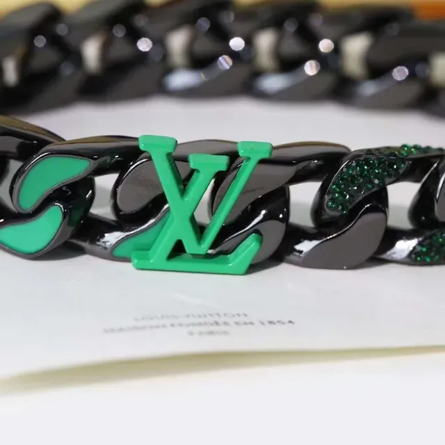 Louis Vuitton LV Chain Black Green Chunky Curb-Link Polished Metal Bracelet 6