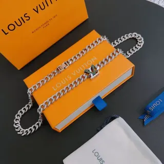 Louis Vuitton LV Chain Silver Green Curb Enamel Logo Charm Necklace