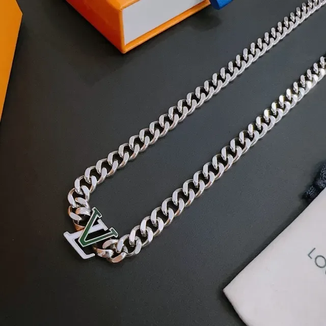 Louis Vuitton LV Chain Silver Green Curb Enamel Logo Charm Necklace 3