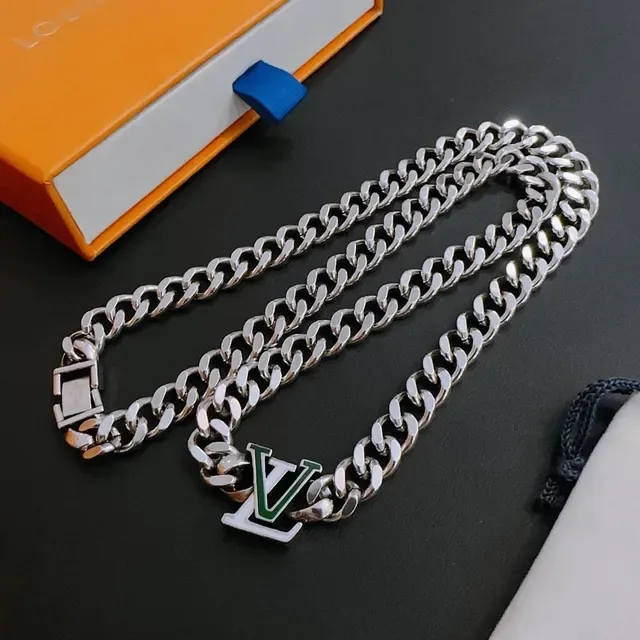 Louis Vuitton LV Chain Silver Green Curb Enamel Logo Charm Necklace 8