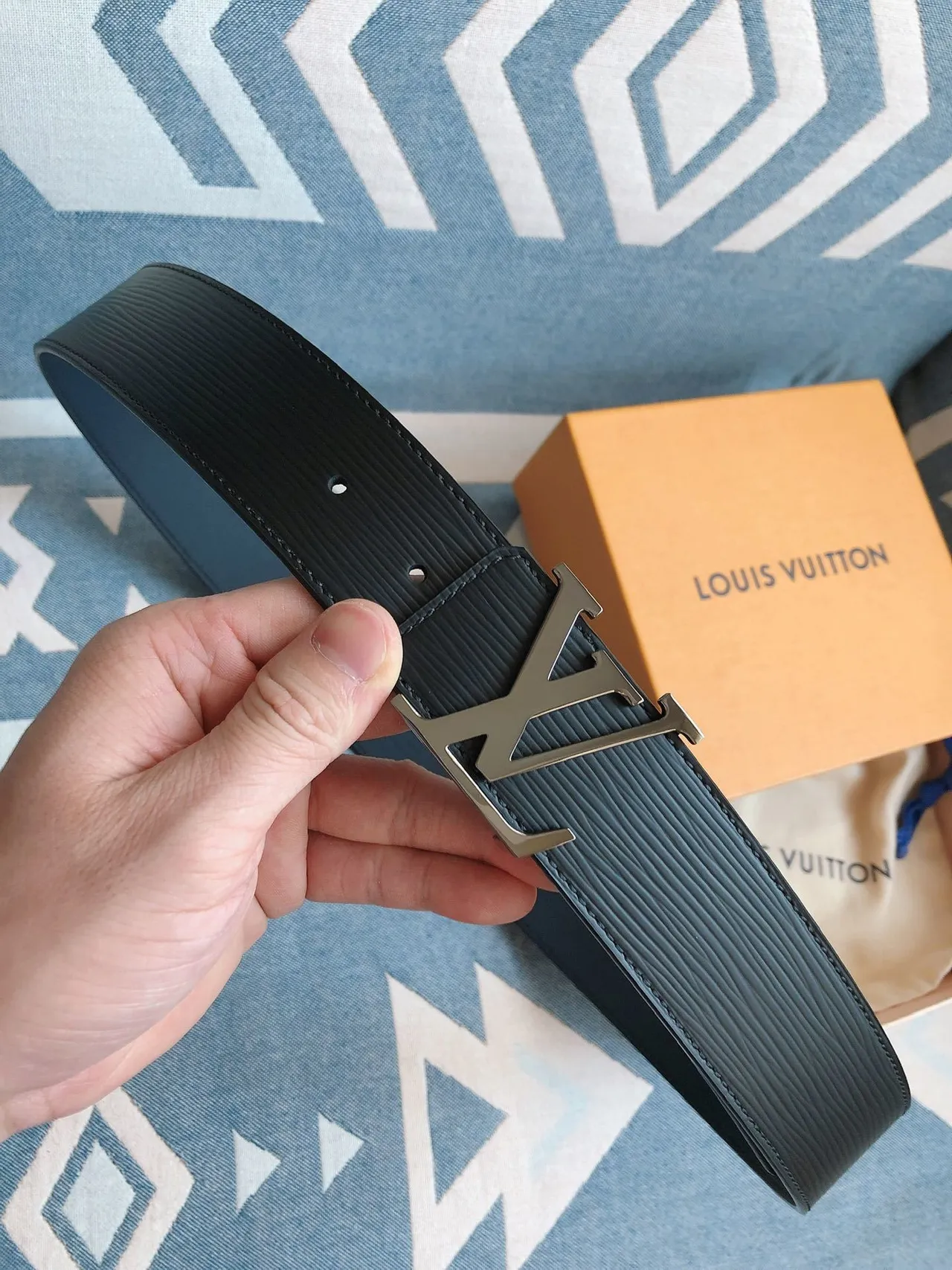 Louis Vuitton LV Initiales Blue Textured Leather Belt 3