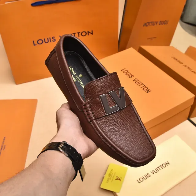 Louis Vuitton LV Logo Strap Loafer Brown Black Pebbled Leather Metal Loafer 6