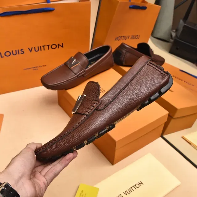 Louis Vuitton LV Logo Strap Loafer Brown Black Pebbled Leather Metal Loafer 7
