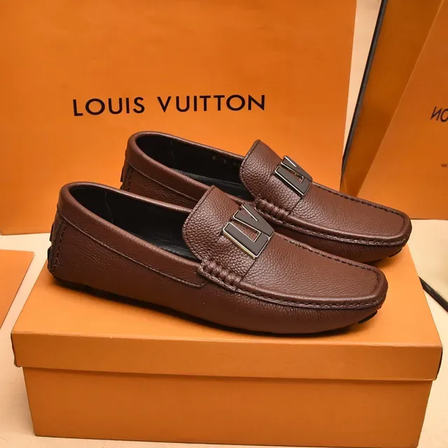 Louis Vuitton LV Logo Strap Loafer Brown Black Pebbled Leather Metal Loafer 8