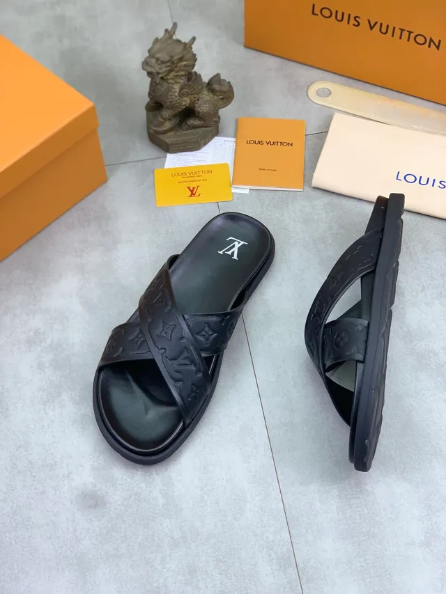 Louis Vuitton LV Slide Black Monogram Embossed Strap Slippers 4