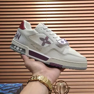 Louis Vuitton LV Trainer Bege Roxo Camada Superior de Couro-Mesh Esculpida Sola Multi-Tons Tênis Lifestyle