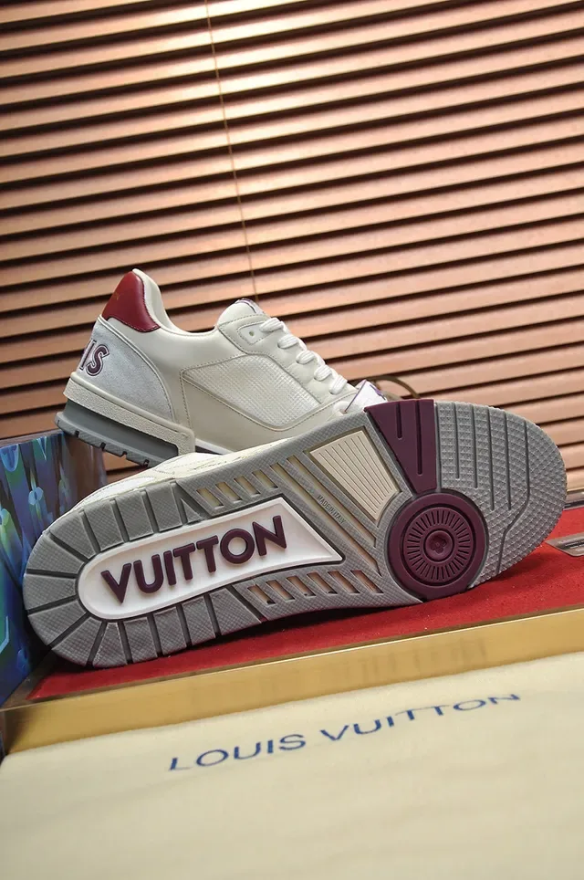 Louis Vuitton LV Trainer Beige Purple Layered Leather-Mesh Upper Sculpted Multi-Tone Midsole Lifestyle Sneakers 4