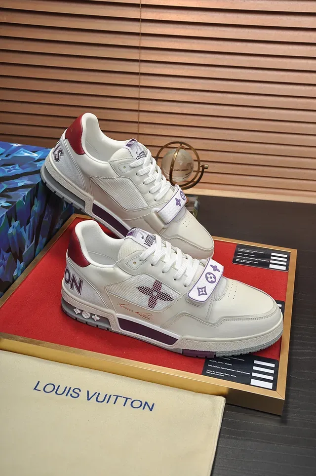 Louis Vuitton LV Trainer Beige Purple Layered Leather-Mesh Upper Sculpted Multi-Tone Midsole Lifestyle Sneakers 5