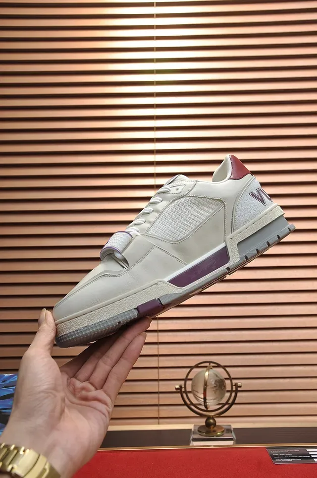 Louis Vuitton LV Trainer Beige Purple Layered Leather-Mesh Upper Sculpted Multi-Tone Midsole Lifestyle Sneakers 6