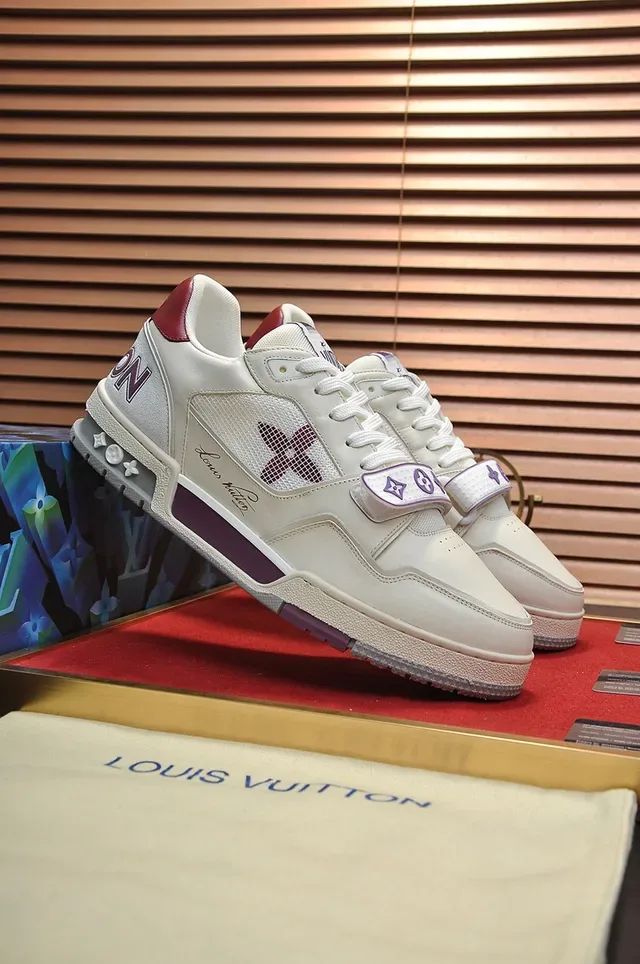 Louis Vuitton LV Trainer Beige Purple Layered Leather-Mesh Upper Sculpted Multi-Tone Midsole Lifestyle Sneakers 8