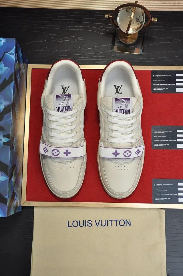 Louis Vuitton LV Trainer Beige Purple Layered Leather-Mesh Upper Sculpted Multi-Tone Midsole Lifestyle Sneakers 9