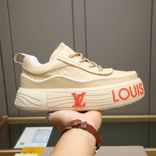 Louis Vuitton LV Trainer Tênis Bege Vermelho Monogram-embossed Couro Solado plataforma chunky Lifestyle Sneakers