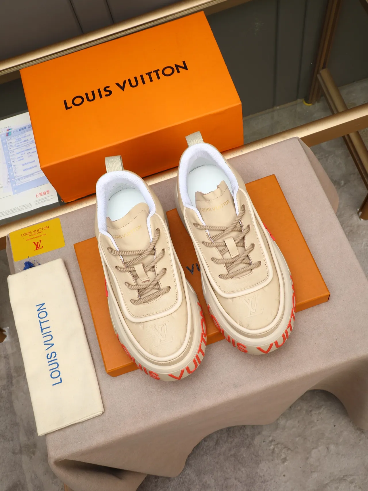 Louis Vuitton LV Trainer Beige Red Monogram-Embossed Leather Chunky Platform Sole Lifestyle Sneakers 2