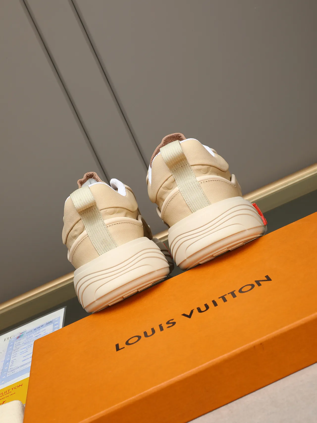 Louis Vuitton LV Trainer Beige Red Monogram-Embossed Leather Chunky Platform Sole Lifestyle Sneakers 3