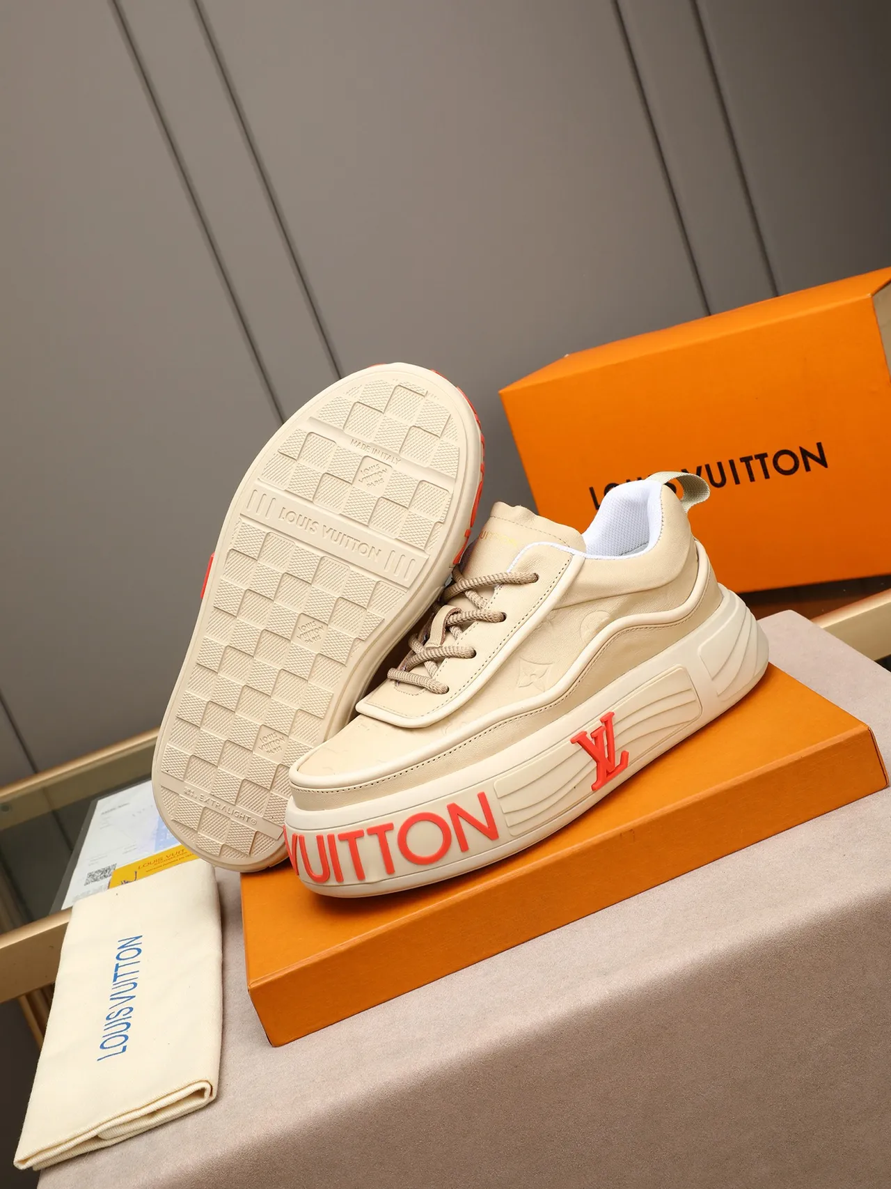 Louis Vuitton LV Trainer Beige Red Monogram-Embossed Leather Chunky Platform Sole Lifestyle Sneakers 4