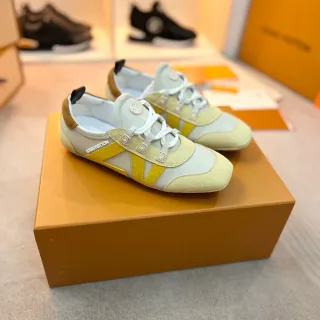 Louis Vuitton LV Trainer Beige Yellow Multi-Panel Suede And Leather Contrast Strap Overlay Lifestyle Sneakers